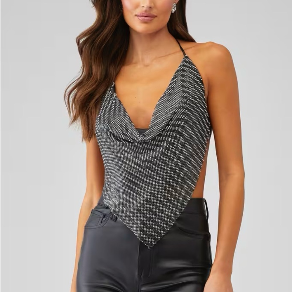 STEVE MADDEN JANET SPARKLE SILVER & BLACK BACKLESS COWL NECK PARTY HALTER TOP